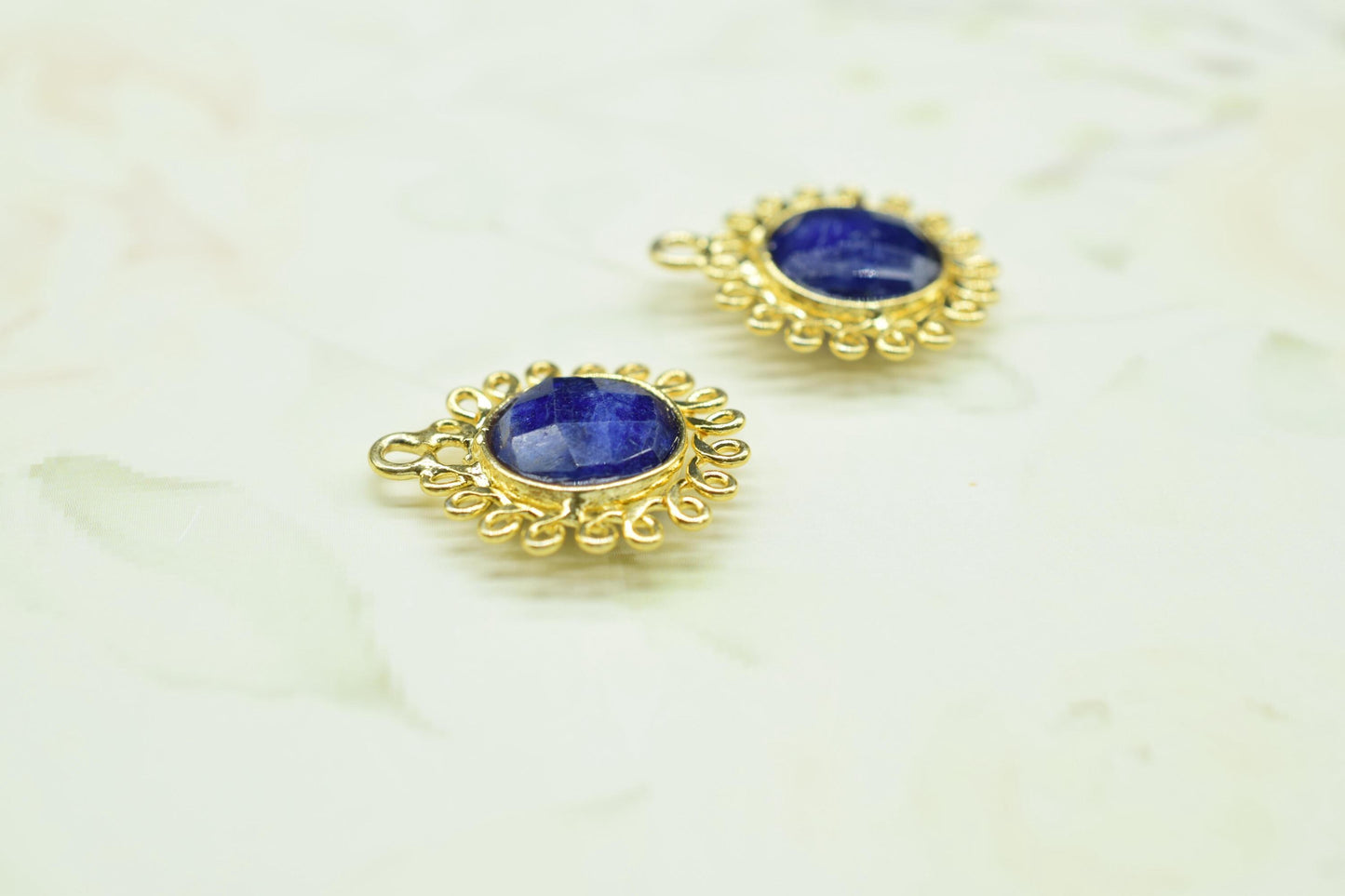 Blue Sapphire 10mm Round Bezel Charm,Gemstone Brass Component,Single Bail Pendant,Round Faceted charms,Handmade Jewellery Connector,Gift