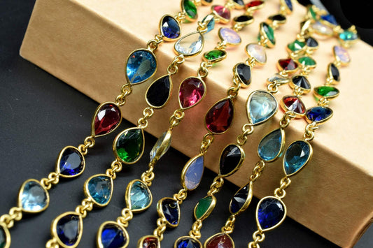 Multi Stone Faceted Bezel Link Connectors Chain, Gold Plated Chain,Pear Shape Bezel Chain,Hanging Bezel Link Chain Supply,bezel chains