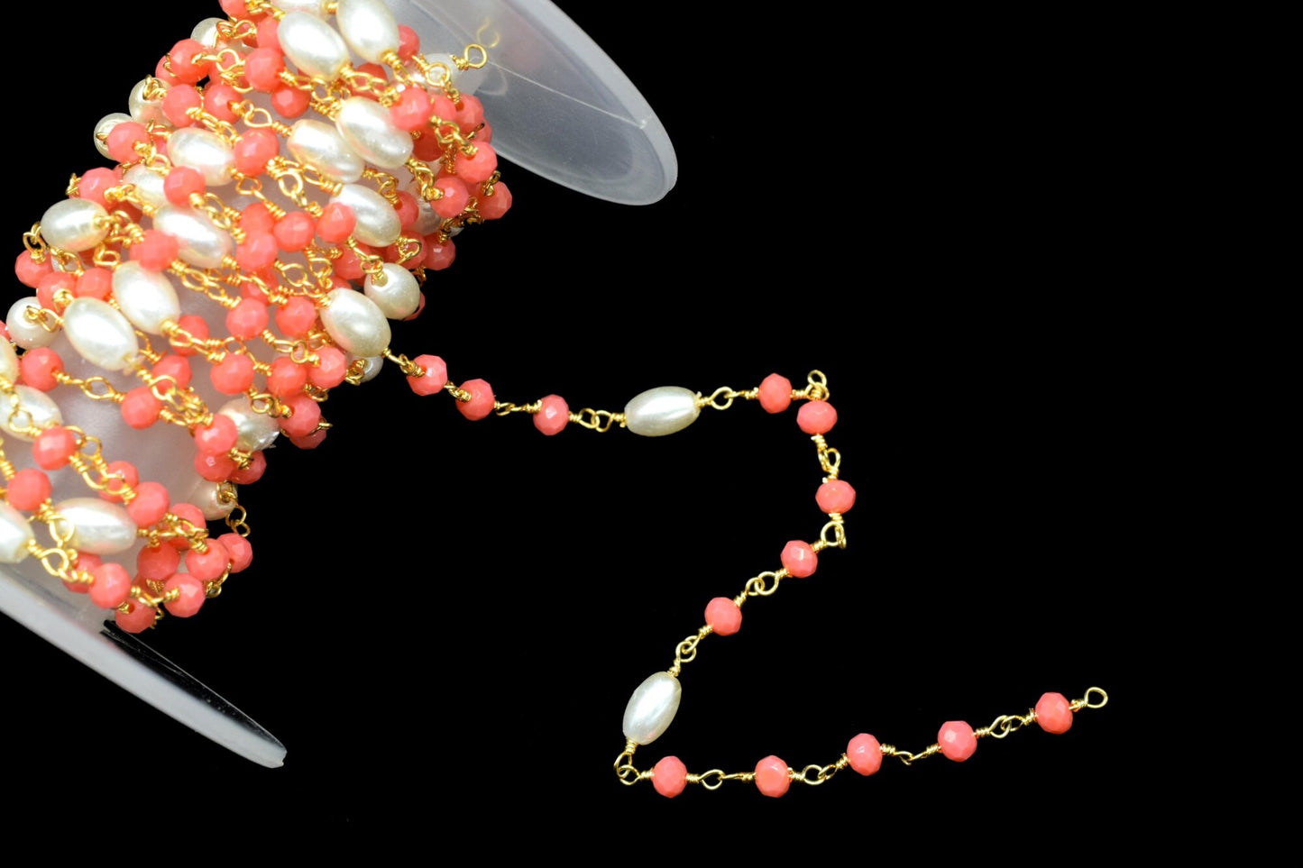 Red Coral Hydro Faceted Rondelle Beaded Rosary Chain,Finding Wire Wrap Chain,Pearl Rosary Chain,Gold Plated Rosary Chain,Jewelry Making Gift