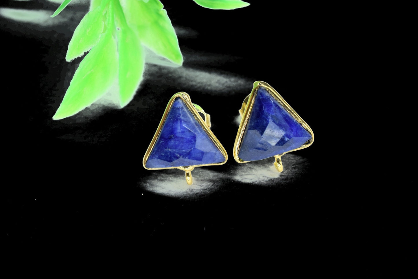 Blue Sapphire 11mm Trillian Earring Connector,Blue Sapphire post stud,Gold Plated Connector,Single Loop Gemstone Stud Ear post,Studs