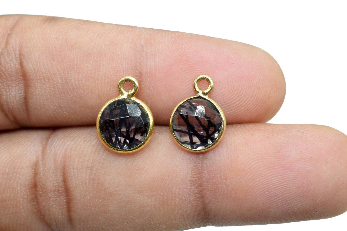 Black Rutile 8mm charm,Black Rutile Pendant,Black Rutile Round Gold Plated bezel, Rutile Vermeil Bezel,jewelry making charm,Brass connecotr