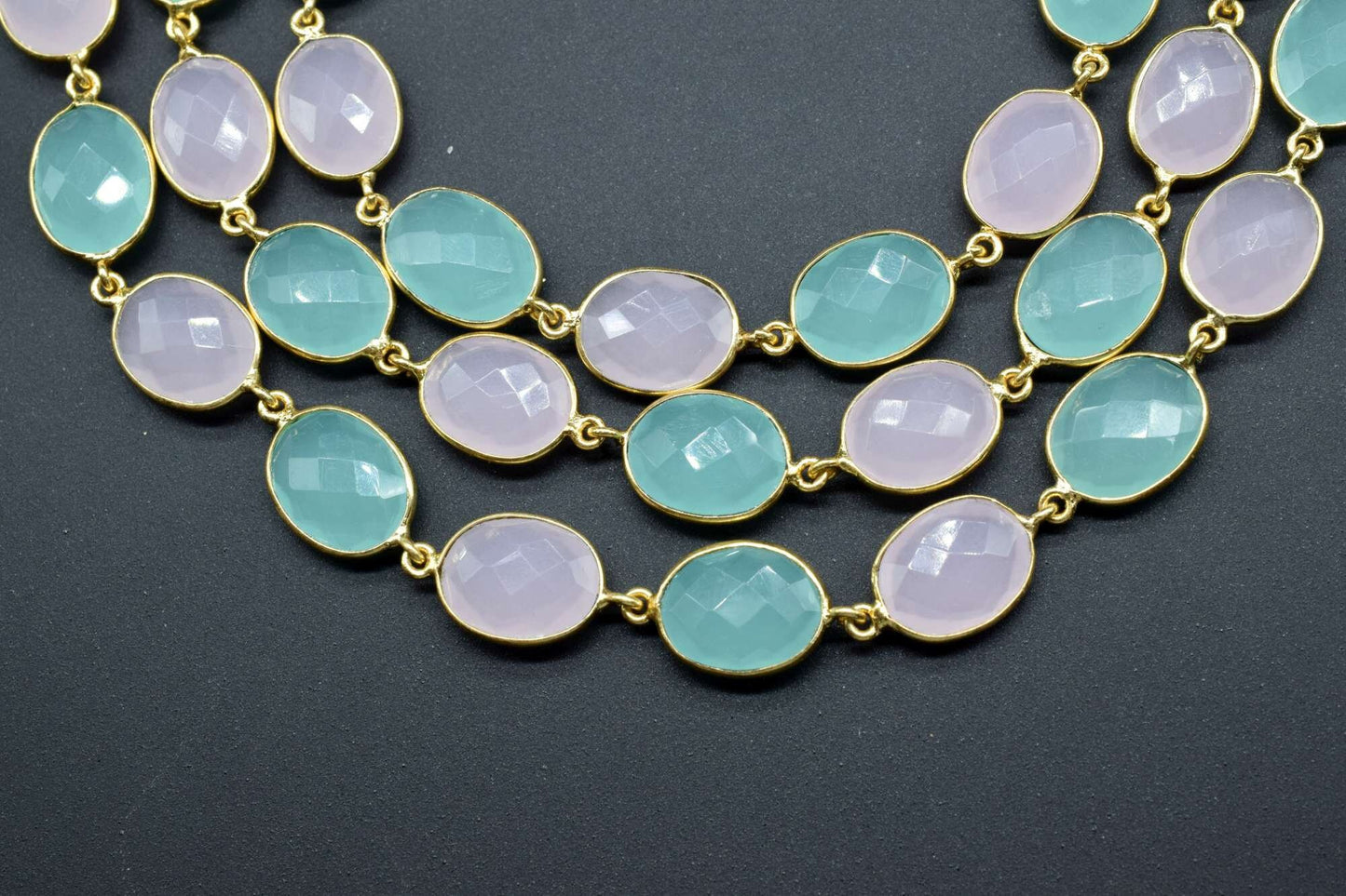 Aqua Chalcedony & Pink chacledony oval Connector Chain,Chalcedony Gold Bezel Connector Chain,Gemstone Gold Plated Rosary Chain,Bezel chains