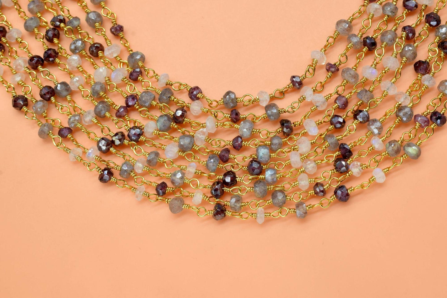 Labradorite 3mm Beaded Chain,garnet Rosary Chain,Gold Plating Wire Wrap Chain,moonstone beaded chain,combination rosary,multi gemstone,craft