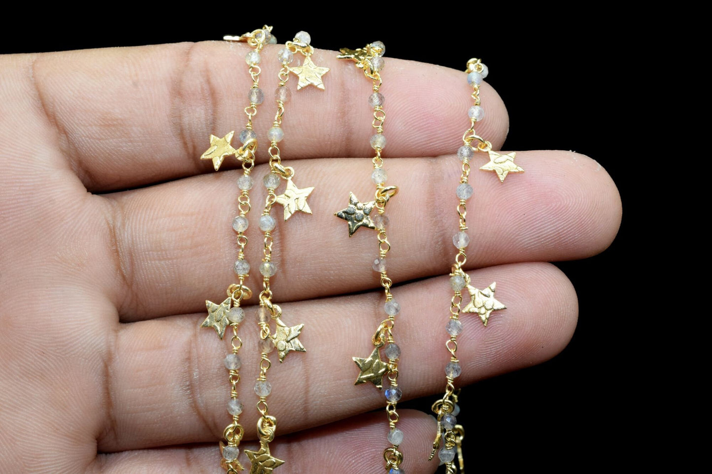 Labradorite 2mm Beaded & Star Charm Chain,Blue Fire Labradorite Rosary Chains,Gold Plating Wire Wrap Chain,Brass chain,Jewelry Making Chains