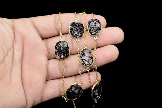 Black Rutile Gold plated Bezel Connector Chain,Black Rutile Faceted Bezel Link Chain,Black Rutile Free form bezel connector chain,jewelry