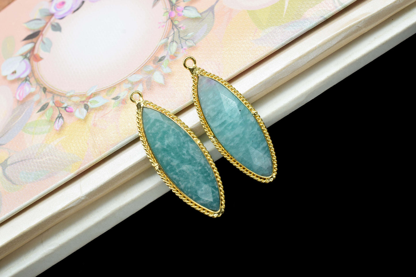 Amazonite Gemstone 10x30mm Marquise Shape Pendant,Amazonite Gold Plating Jewelry,Gemstone Bezel Charms,Amazonite Single Bail Connector,Gift