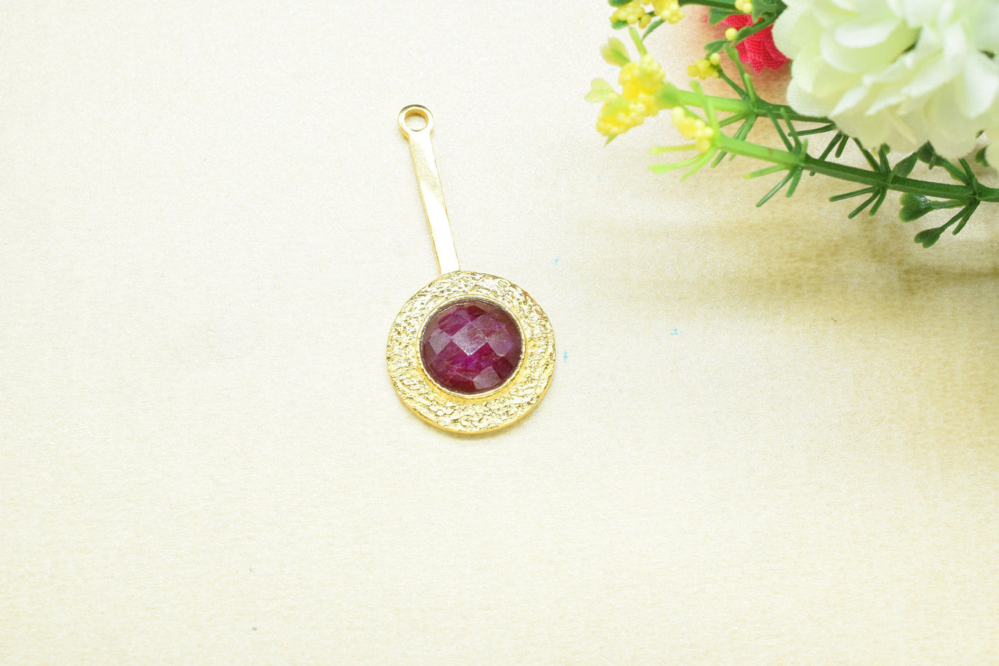 AA+ Ruby  Pendant ,Ruby Gemstone Handmade Pendant ,Single Bail Checker Cut Gemstone Connector, Gold Plated Connectors