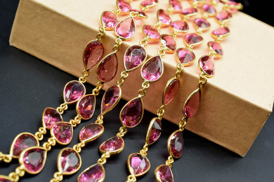Pink Tourmaline Bezel Connector Chain,Gold Plated Gemstone Chain, Bracelet Chain, pear shape Connectors,Pink Tourmaline Connector Chain