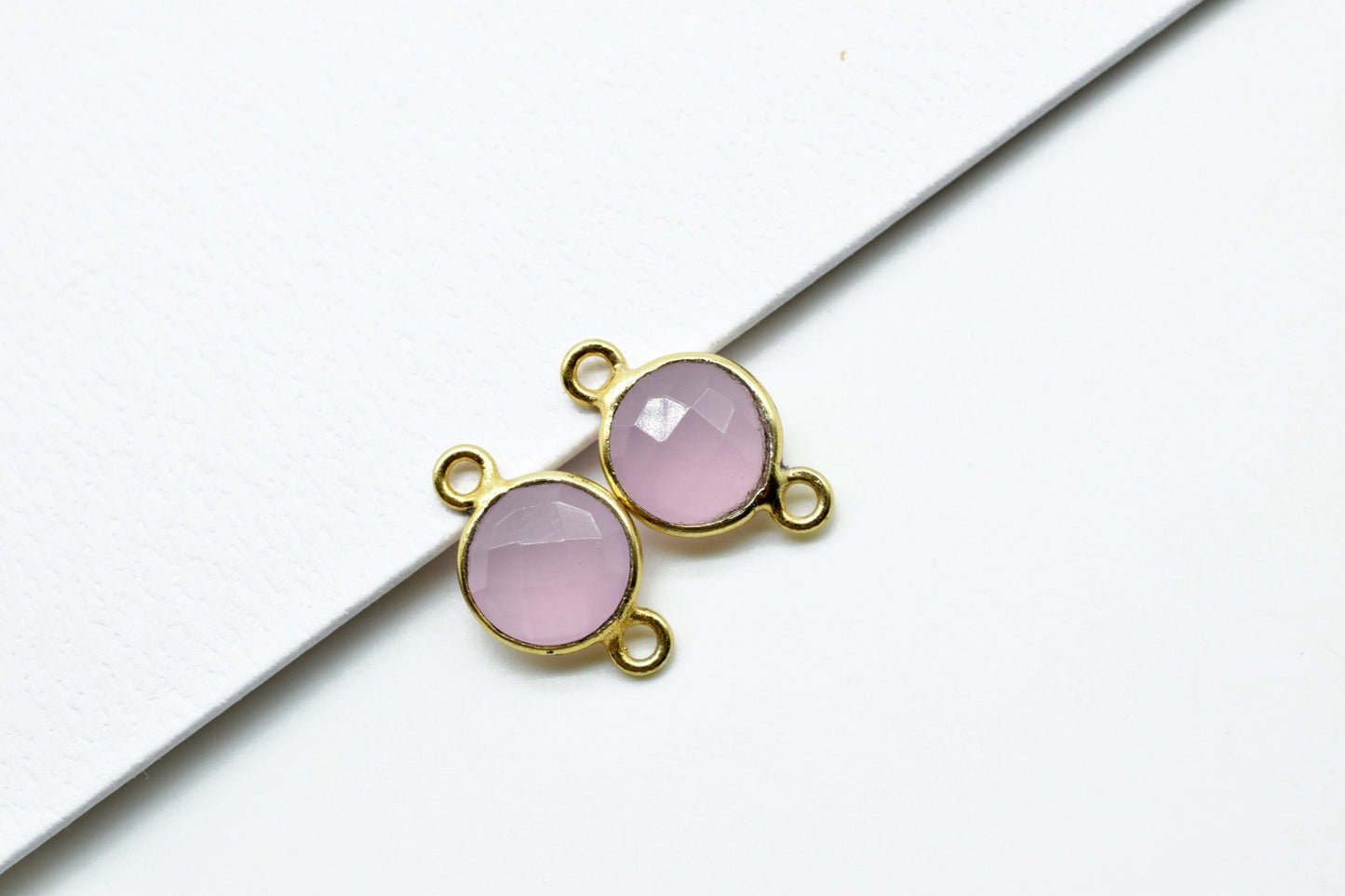 Rose Quartz 8mm round double bail connectors,Rose Quartz Pendant,Rose Quartz Round Gold Plated bezel,Rose Quartz Brass jewelry making charm,