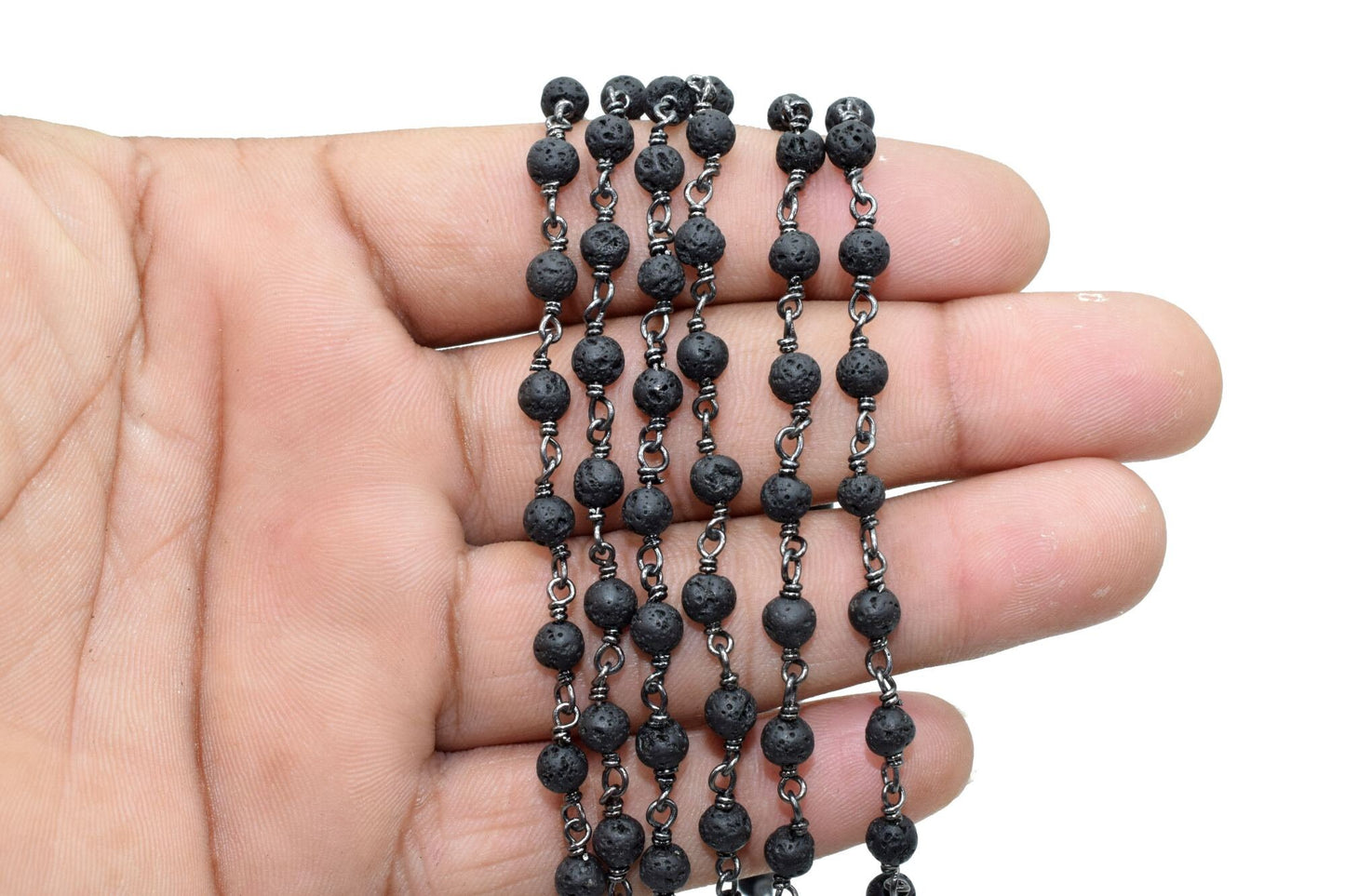 Black Lava Rock 4mm Round Beaded Wire Wrapped Black Polished Plated Chain -Beaded Chain,Black Lava Rosary Chain,Delicate Rosary Beaded Chain