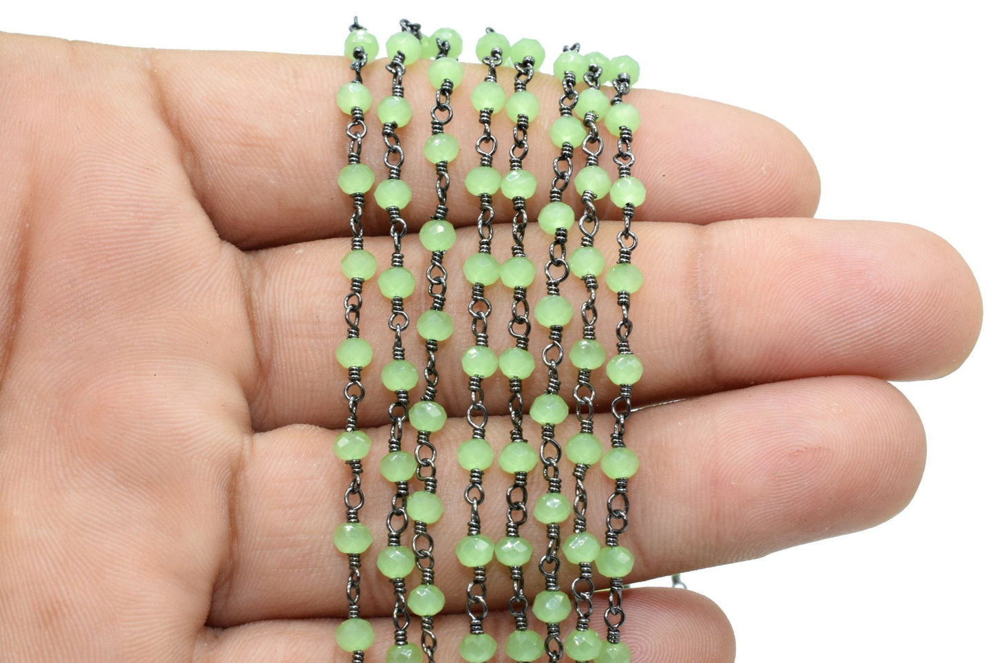 Prehnite Chalcedony 3mm Beaded Chain,Rosary Chain,Prehnite Chalcedony black rhodium Wire Wrap Chain,Brass chain Jewelry Making Chain,Rosary