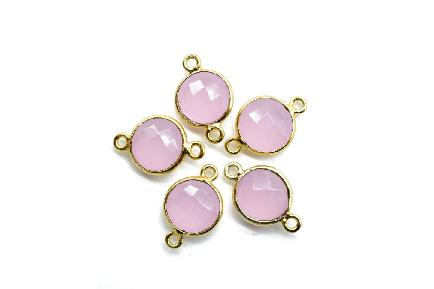 Pink Chalcedony 10mm Round double bail connectors,Pink Chalcedony Gold Plated Gemstone Bezel Connector,Pink chalcedony Double Loop connector