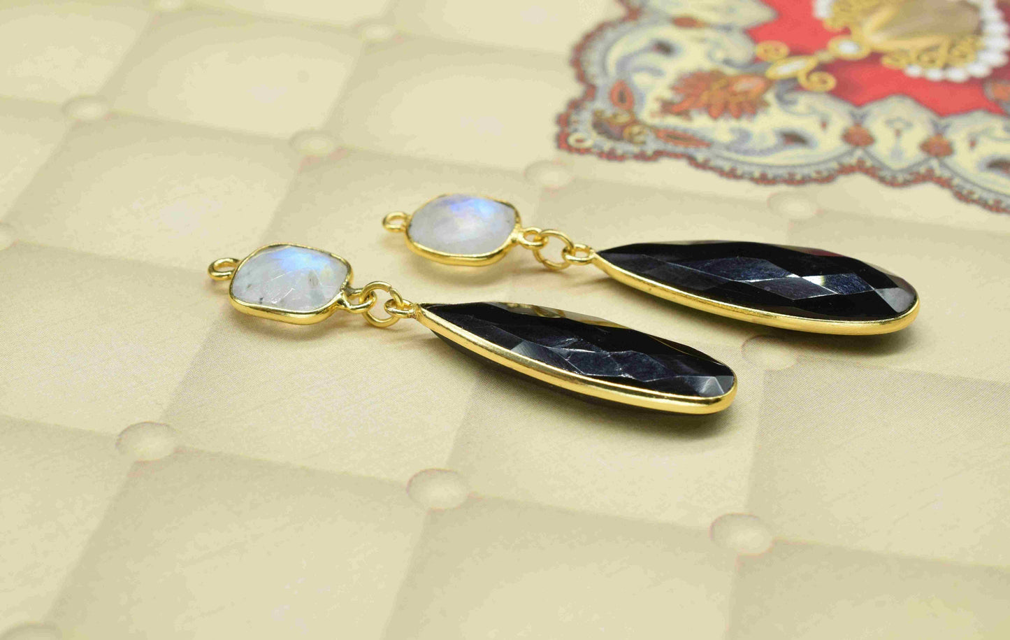 Black Onyx Dangle pendant Charms,Multi Gemstone pendant Connectors,Rainbow Dangle Earring,Handmade Station Bezel Link,Component jewelry Gift