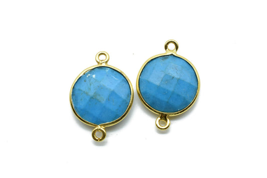 Natural Turquoise 14mm Round double bail connectors,Turquoise Pendant,Faceted Turquoise bezel link,Gemstone Charm,Gemstone Pendant, charms