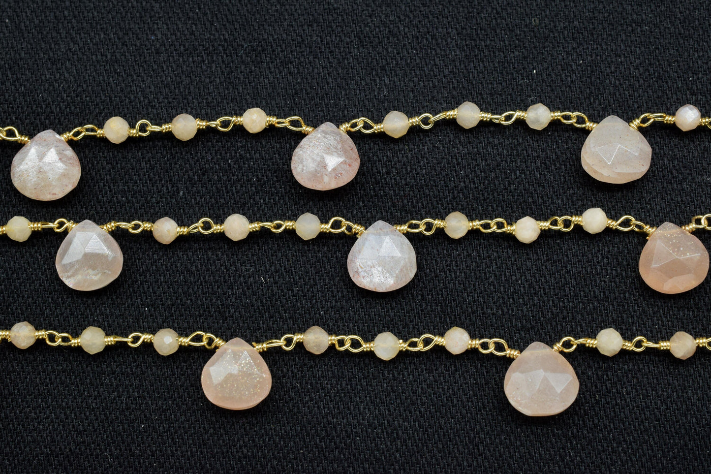 Peach Moonstone Beads Rosary,Silver Plated,Wire Wrapped link Stone Rosary,Heart Shape Briolette Chain, New Style Rosary,moonstone rosary,