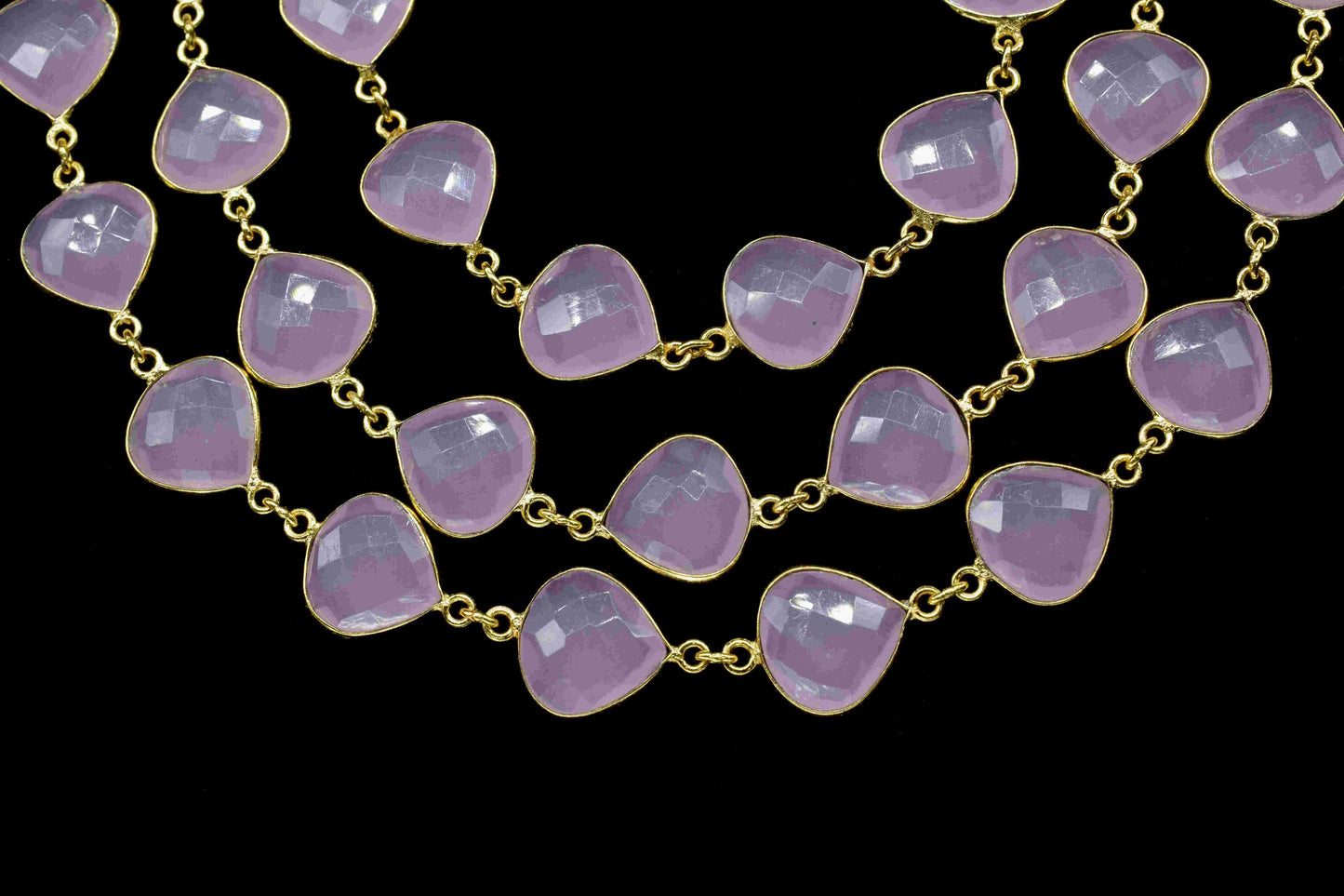 Rose Quartz Gold Plated Bezels Chain, 12mm Heart Shape Bezels Chain, Rose Quartz Briolette Faceted Connectors Chain, Gemstone Bezels Jewelry