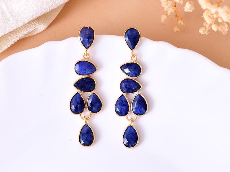 Natural Blue Sapphire Earring/Gold Plated Earring/Sapphire Dangle Earring/Bridal Earring/Handmade Jewelry/Bridesmaid Gifts,B'Gifts