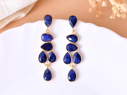 Natural Blue Sapphire Earring/Gold Plated Earring/Sapphire Dangle Earring/Bridal Earring/Handmade Jewelry/Bridesmaid Gifts,B'Gifts