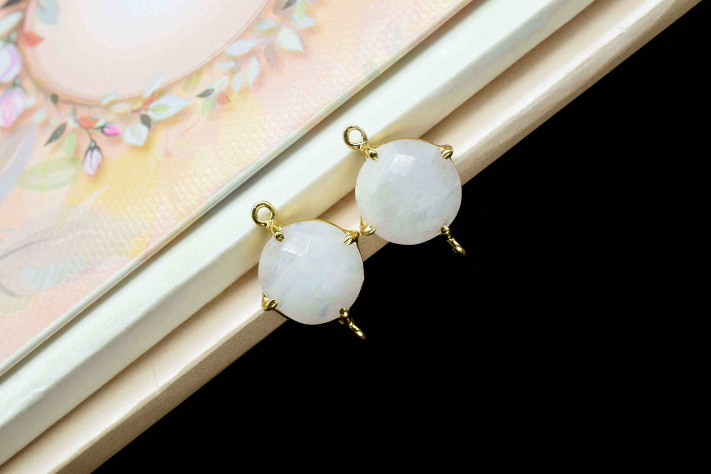 Rainbow Moonstone Round Connector,double bail connector,Rainbow Beads jewelry,Handmade Gemstone Bezel,Moonstone Prong Bezel Charms Gift for