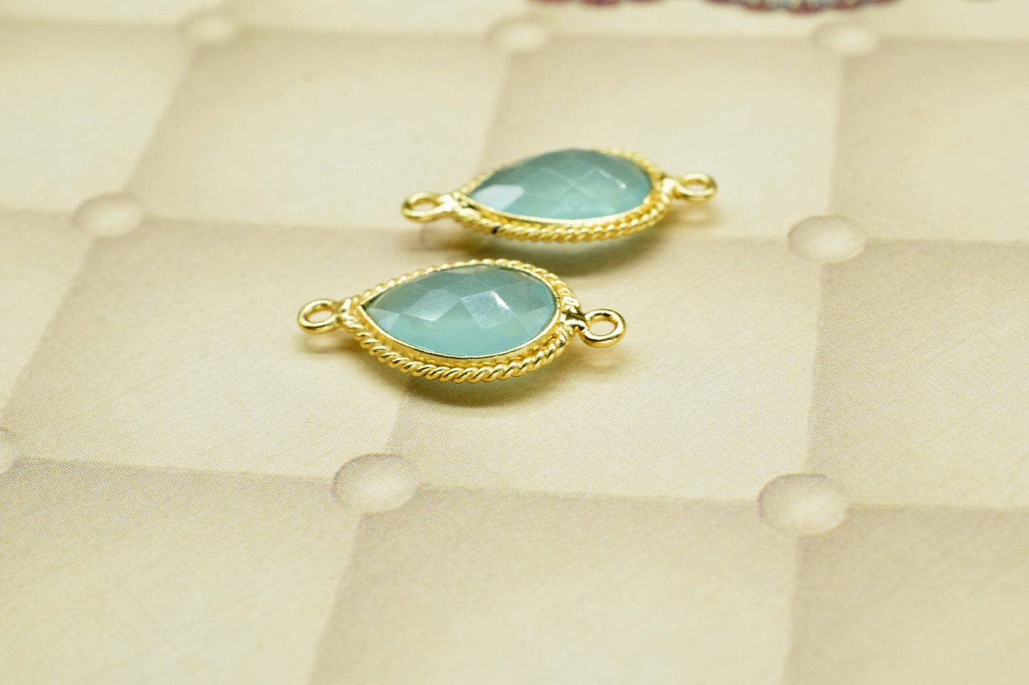Aqua chalcedony Double Bail Charms Jewelry,Aqua Chalcedony Faceted Bezels Charms,Aqua Chalcedony 10x14mm Pear Shape Gold Plating Bezel,Gift