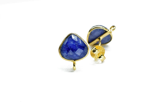 Blue Sapphire 10mm Heart Shape Earring Connector,Earring Findings,Blue Sapphire post stud,Gold Plated Earring Connector,Sapphire Stud