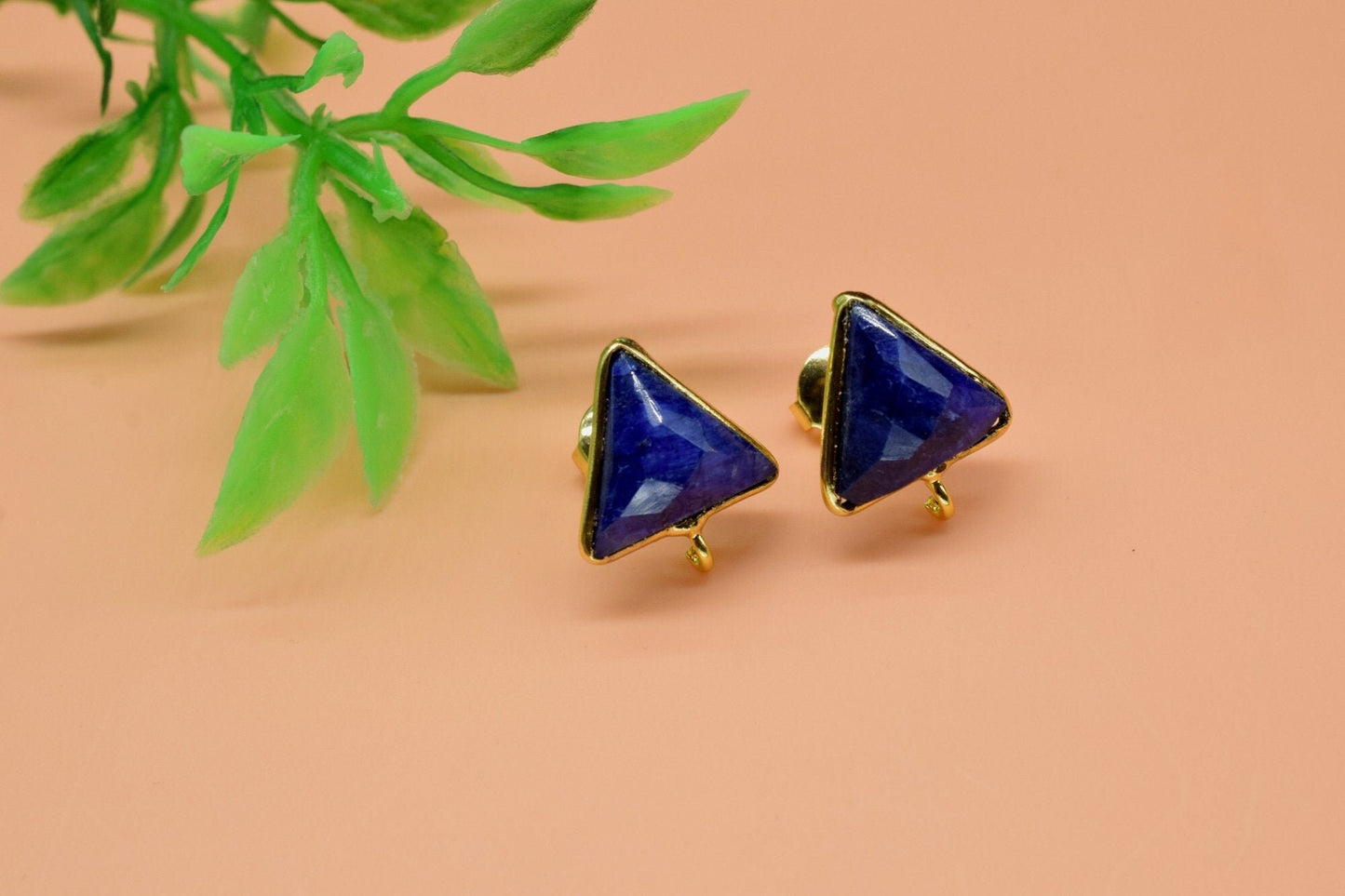 Blue Sapphire 11mm Trillian Earring Connector,Blue Sapphire post stud,Gold Plated Connector,Single Loop Gemstone Stud Ear post,Studs
