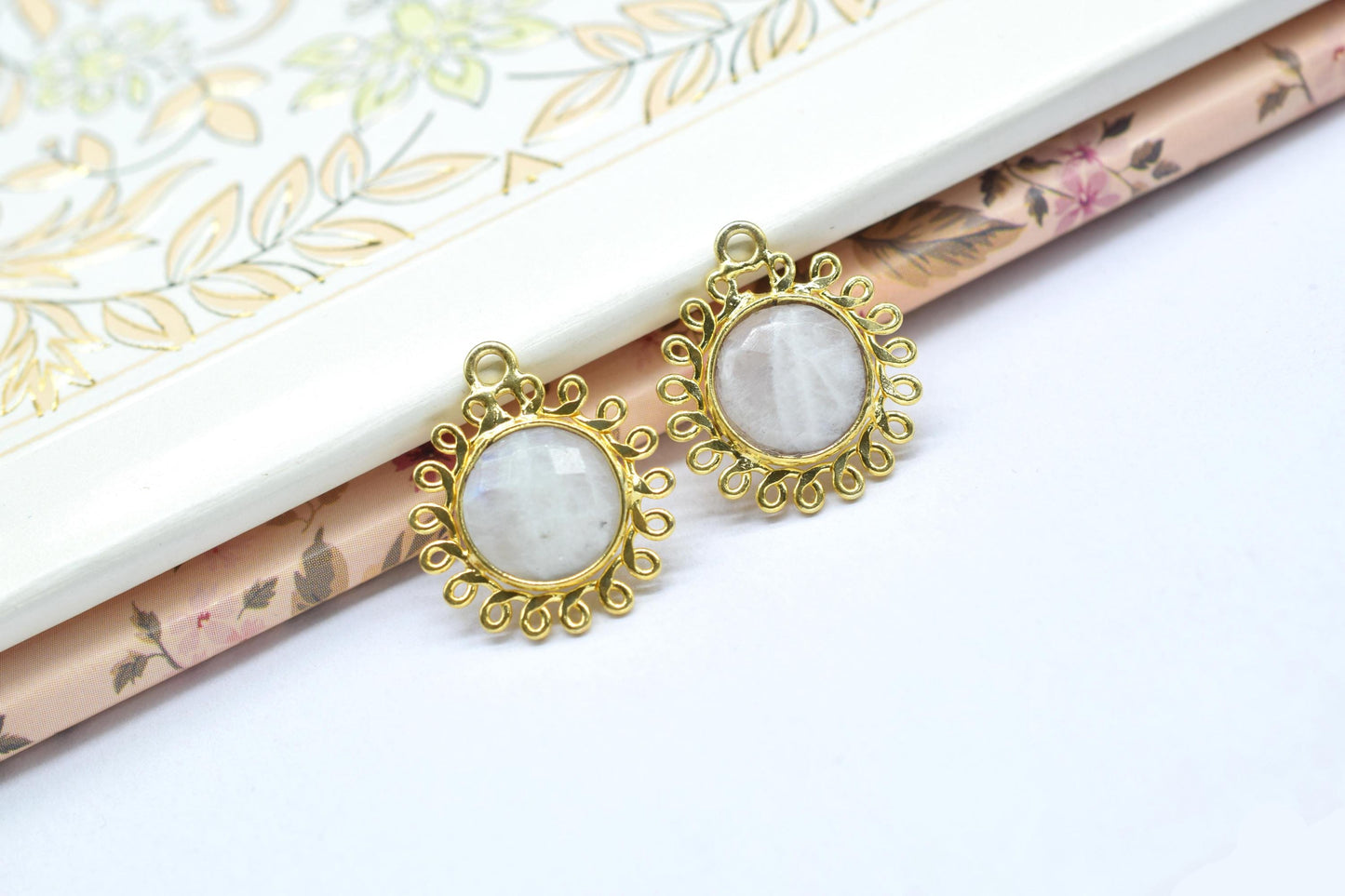 Natural Moonstone 10mm Round Bezel Charm,Gemstone Brass Component,Single Bail Pendant,Round Faceted charms,Handmade Jewellery Connector,Gift